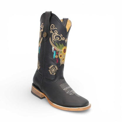 Hooch Boots Womens Wide Square Toe Western Boot Black – Skull Embroidery