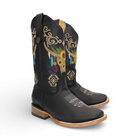 Hooch Boots Womens Wide Square Toe Western Boot Black – Skull Embroidery