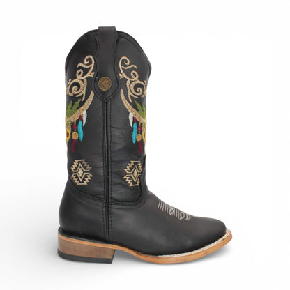 Hooch Boots Womens Wide Square Toe Western Boot Black – Skull Embroidery
