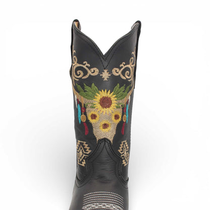 Hooch Boots Womens Wide Square Toe Western Boot Black – Skull Embroidery