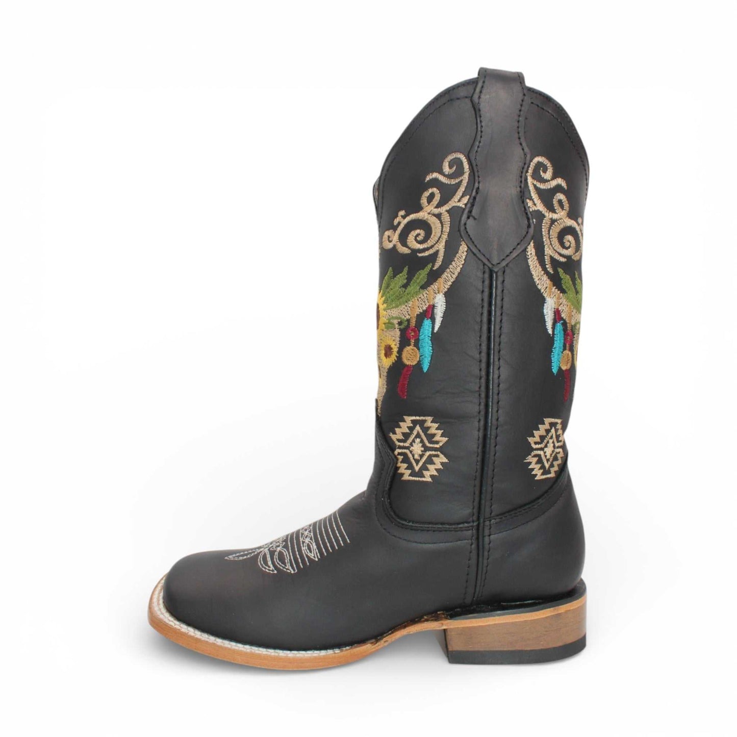 Hooch Boots Womens Wide Square Toe Western Boot Black – Skull Embroidery