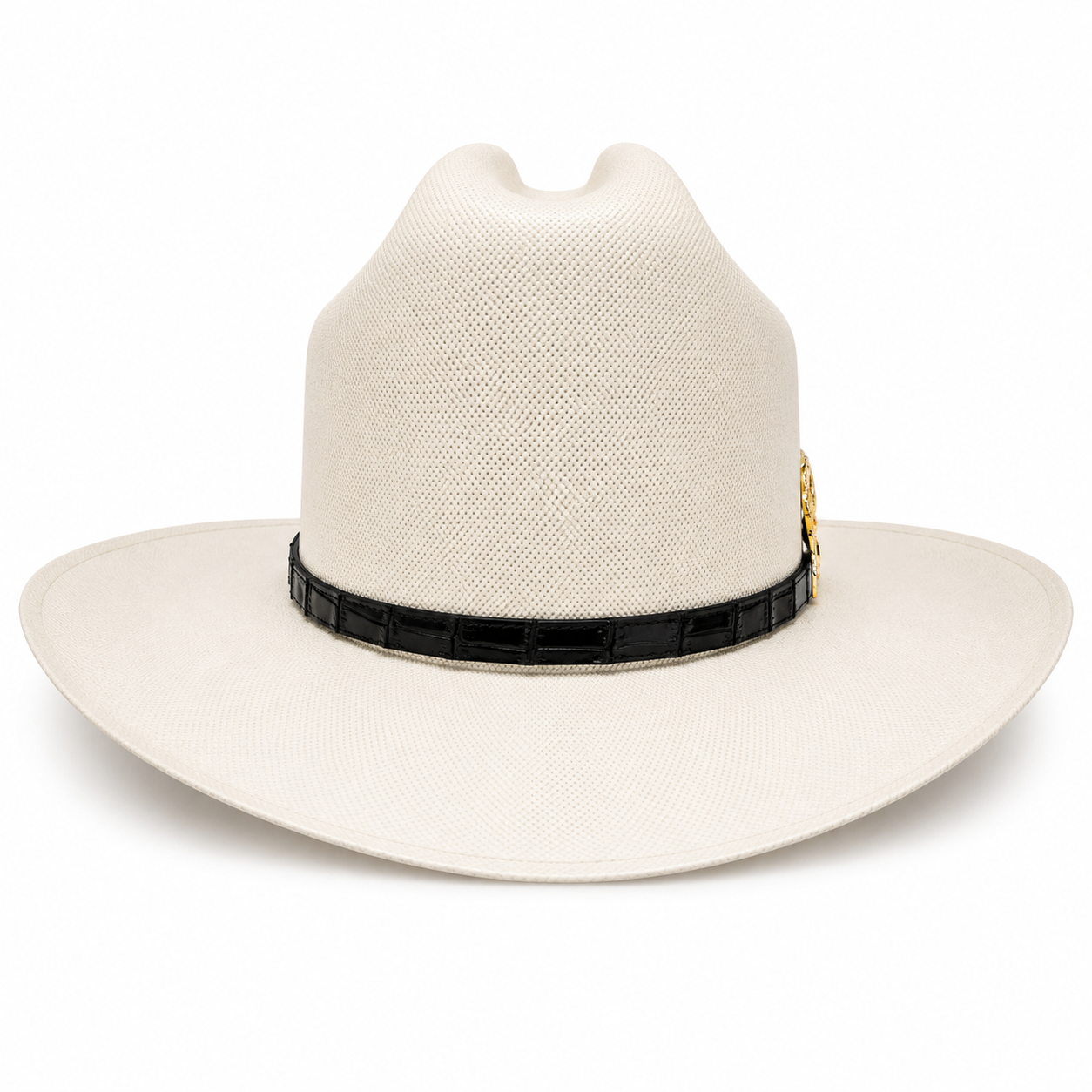 White Diamond 100000X Sinaloa Palm Straw Cowboy Hat – San Judas Gold Emblem