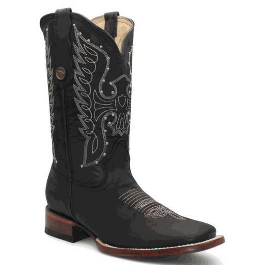 Women's Hooch Leather Western Boots handmade with leather sole, stacked heel, wide square toe, and Goodyear welt construction
