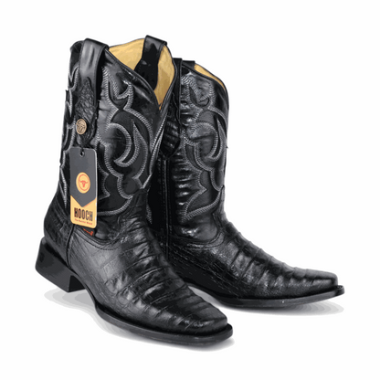 Hooch Boots Mens Caiman Belly Print Boots Black – Square Toe Genuine Leather