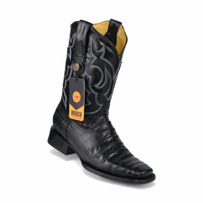Hooch Boots Mens Caiman Belly Print Boots Black – Square Toe Genuine Leather