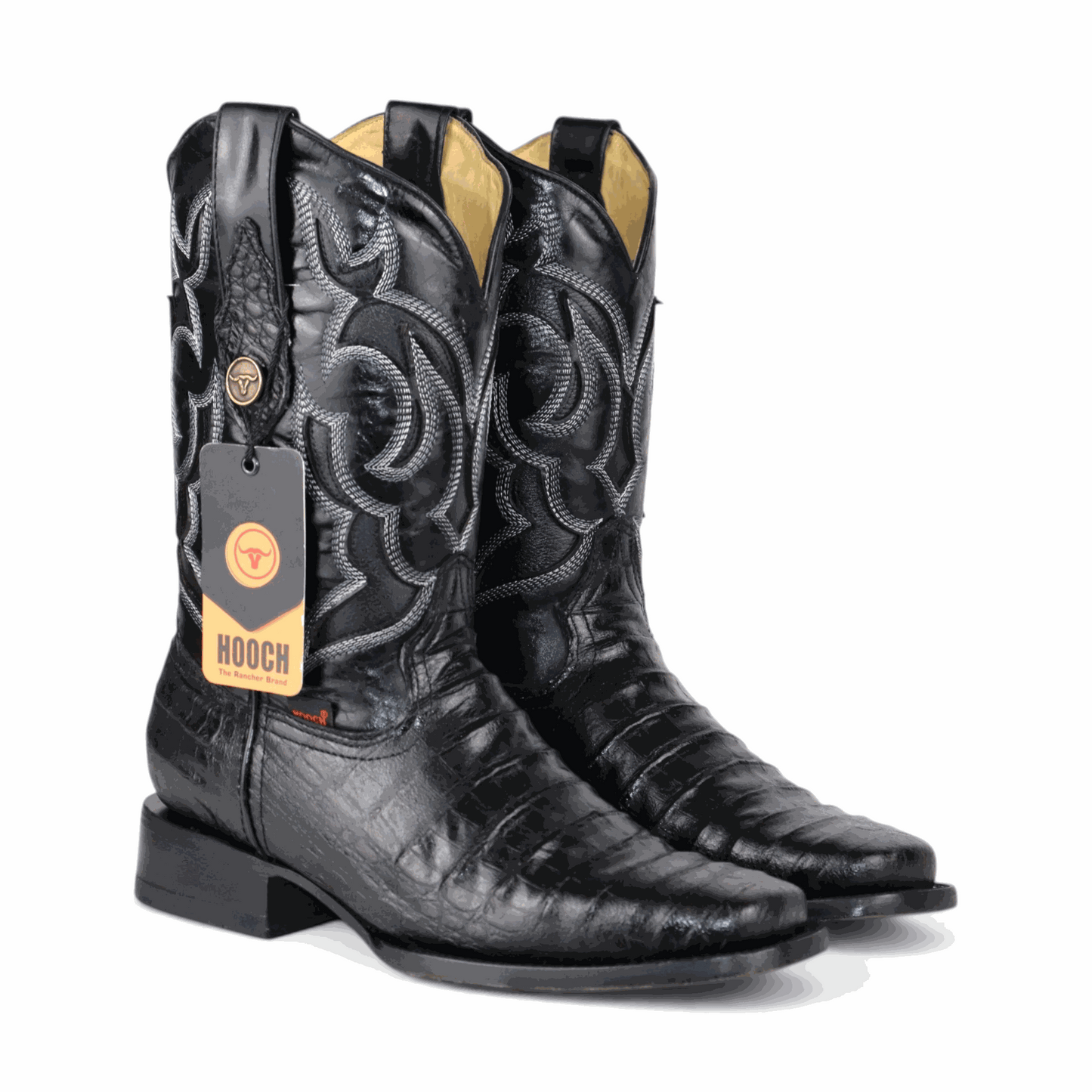 Hooch Boots Mens Caiman Belly Print Boots Black – Square Toe Genuine Leather