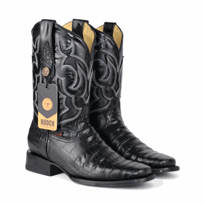 Hooch Boots Mens Caiman Belly Print Boots Black – Square Toe Genuine Leather