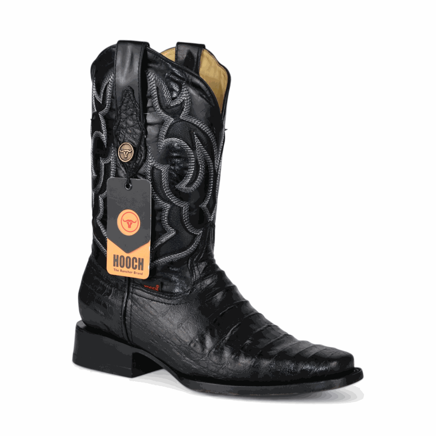 Hooch Boots Mens Caiman Belly Print Boots Black – Square Toe Genuine Leather