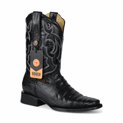 Hooch Boots Mens Caiman Belly Print Boots Black – Square Toe Genuine Leather