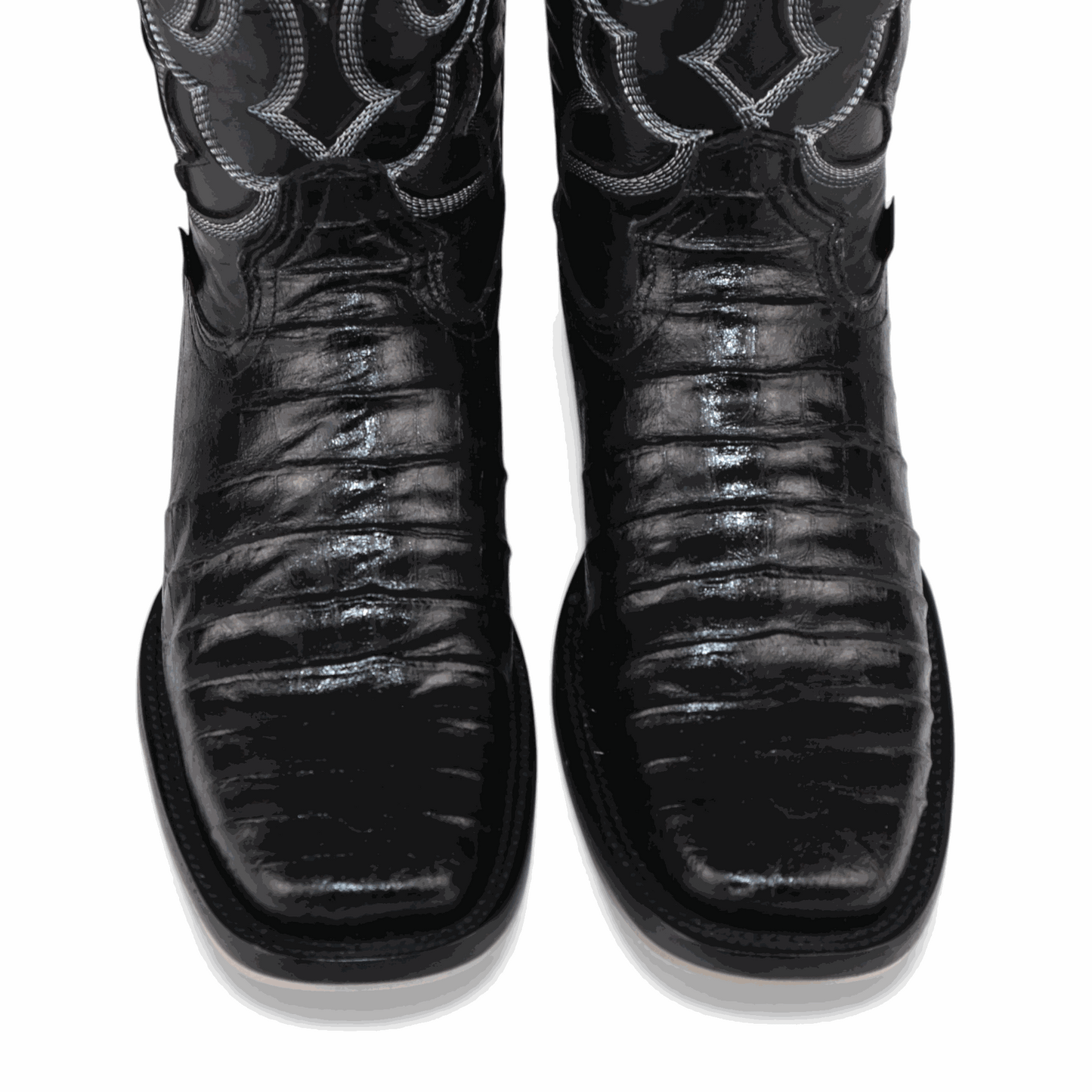 Hooch Boots Mens Caiman Belly Print Boots Black – Square Toe Genuine Leather