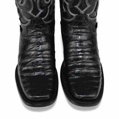 Hooch Boots Mens Caiman Belly Print Boots Black – Square Toe Genuine Leather