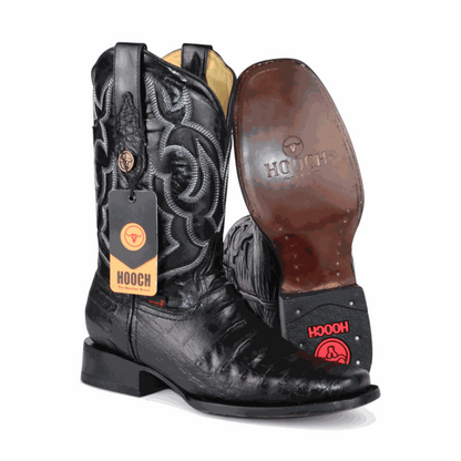 Hooch Boots Mens Caiman Belly Print Boots Black – Square Toe Genuine Leather