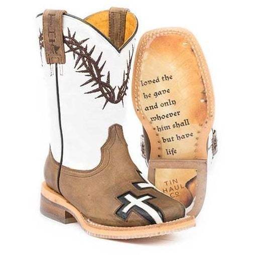 Kid's Tin Haul Crosses Boots With Jonh 3: 16 Sole Handcrafted Tan