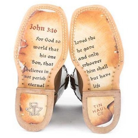 Kid's Tin Haul Crosses Boots With Jonh 3: 16 Sole Handcrafted Tan - yeehawcowboy