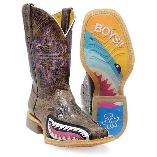 Kid's Tin Haul Sharky Boots Handcrafted Brown - yeehawcowboy