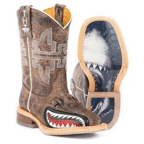 Kid's Tin Haul Toastin A Gnarly Shark Boots Handcrafted Brown - yeehawcowboy
