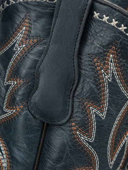 Men's Circle G Brown Genuine Leather Boots with Navy Blue Embroidery