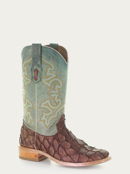Men's Corral Brown Genuine Pirarucu Fish Boots with Embroidery