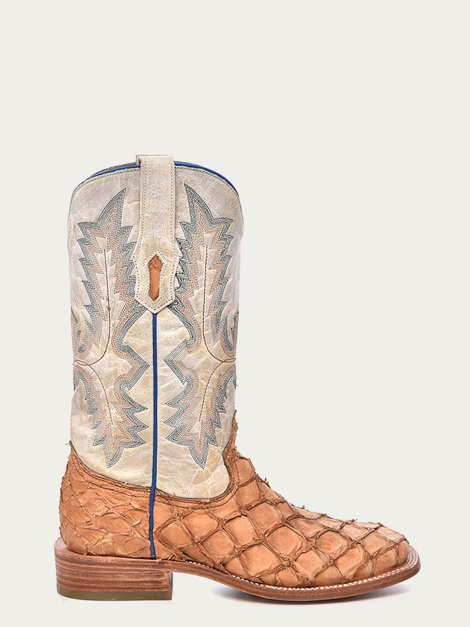 Men's Corral Cognac Genuine Pirarucu Fish Boots with Embroidery