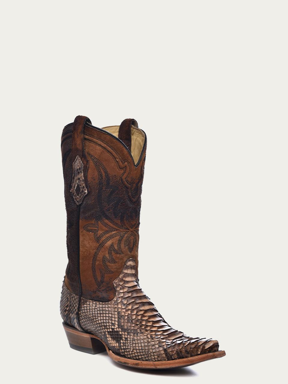 Men's Corral Brown Genuine Python Boots with Embroidery Lamb Shaft