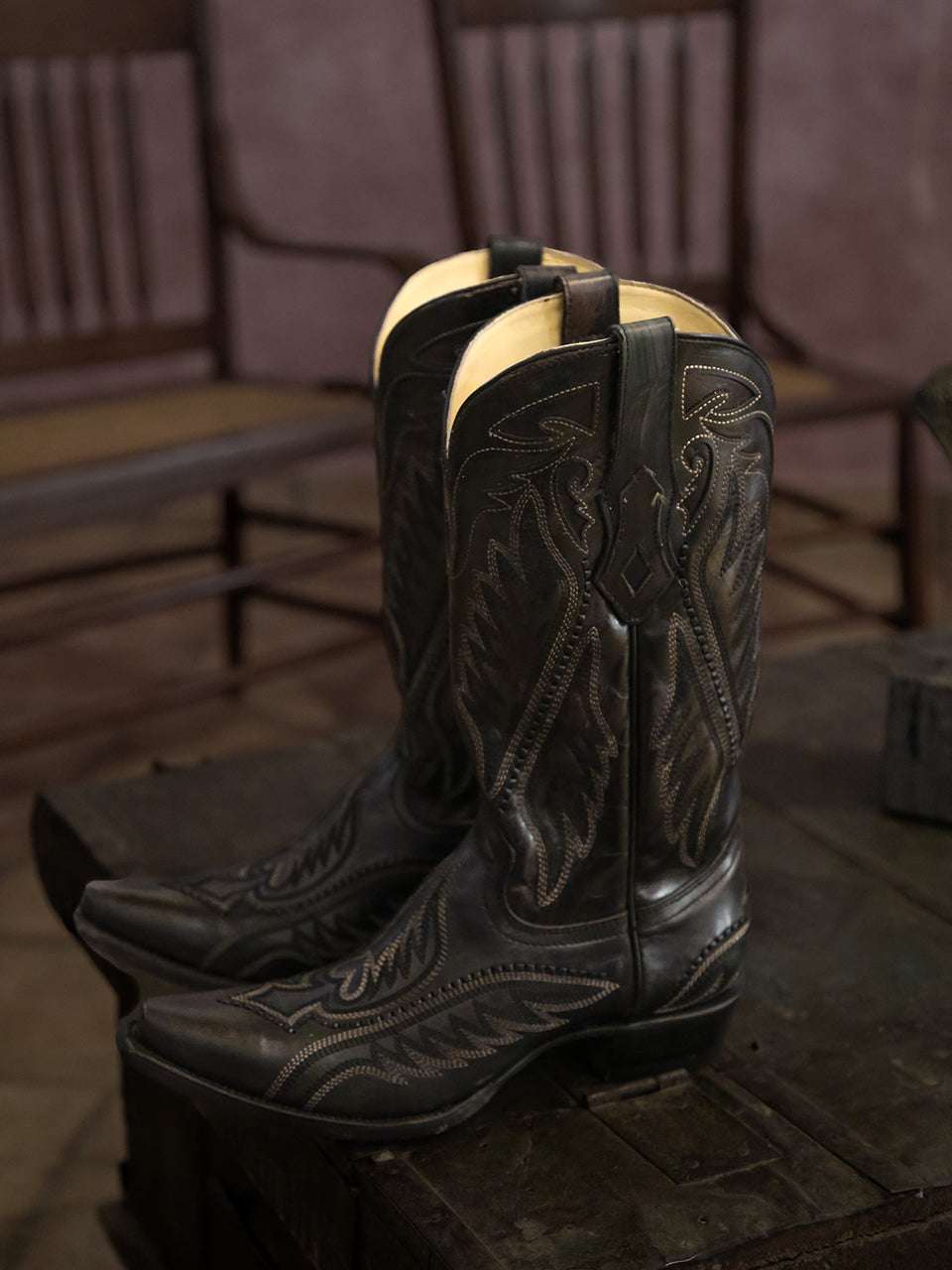 Men's Corral Black Genuine Leather Boots with Embroidery & Woven & Inlay