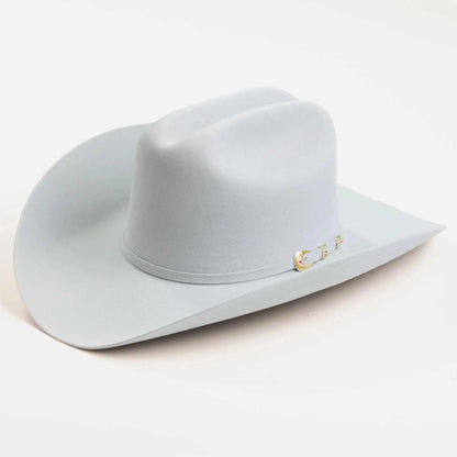 6x Larry Mahan Real Fur Felt Cowboy Hat in Platinum with 4-inch brim and ruby stone buckle set