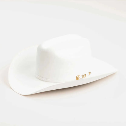 6x Larry Mahan white real fur felt cowboy hat with cattleman crease and ruby buckle hatband