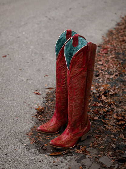 Women's Corral Red Boots with Distressed Embroidery & Tall Top