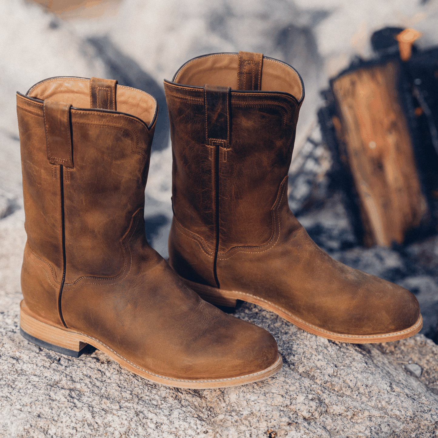 Men's Stetson Puncher Leather Roper Boots handcrafted tan with 10" shaft and roper round toe