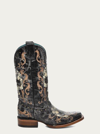 Women's Corral Black Genuine Leather Boots with Floral Skull Embroidery & Studs