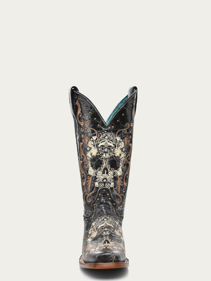Women's Corral Black Genuine Leather Boots with Floral Skull Embroidery & Studs