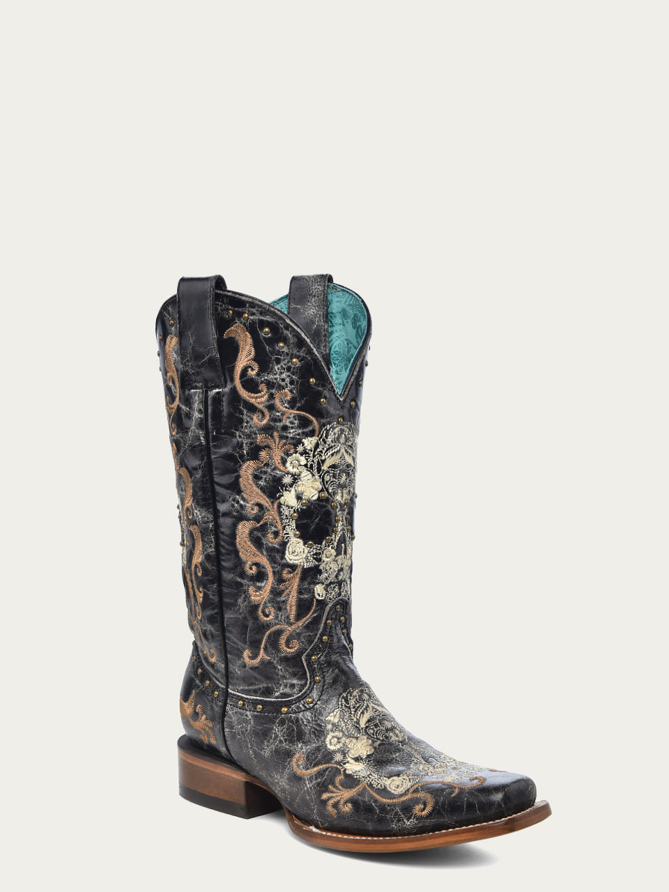 Women's Corral Black Genuine Leather Boots with Floral Skull Embroidery & Studs