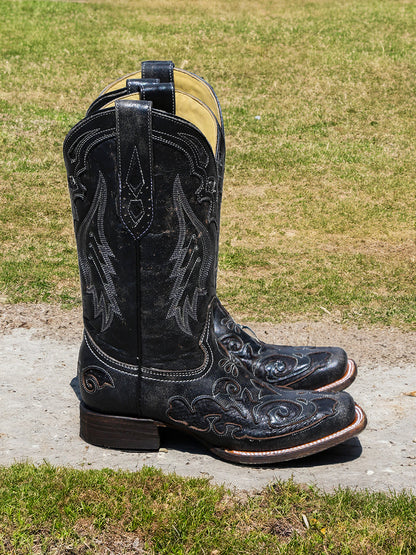 Women's Corral Black Genuine Leather Boots with Embroidery Snake Inlay
