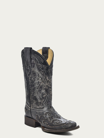 Women's Corral Black Genuine Leather Boots with Embroidery Snake Inlay