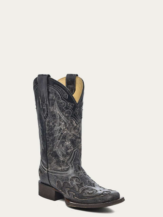 Women's Corral Black Genuine Leather Boots with Embroidery Snake Inlay