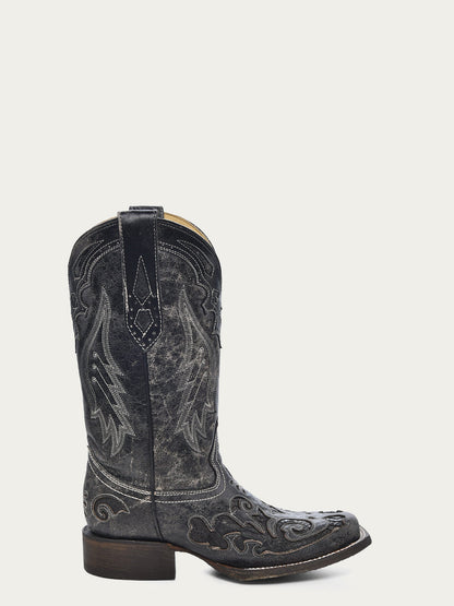 Women's Corral Black Genuine Leather Boots with Embroidery Snake Inlay