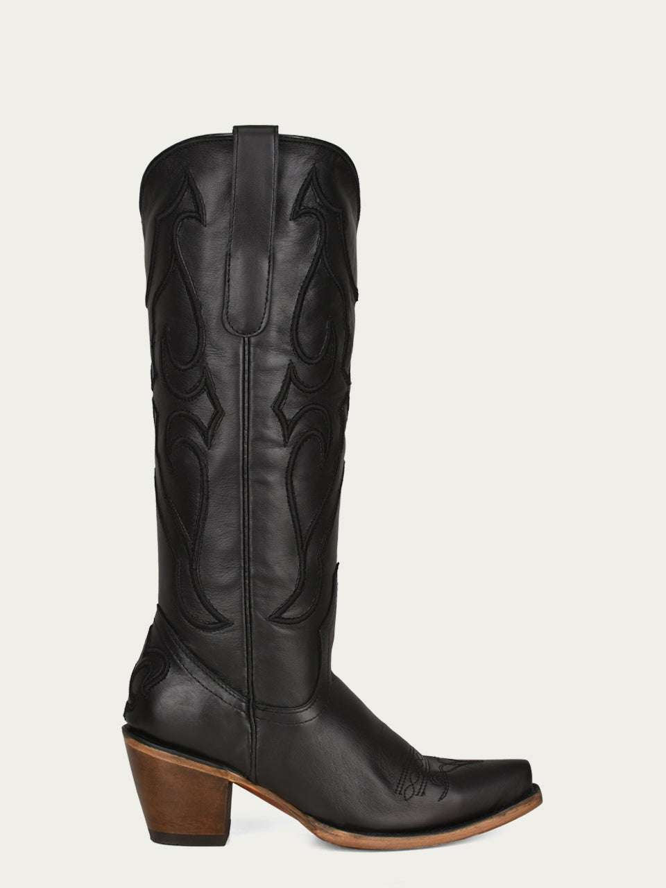 Women's Corral Black Genuine Leather Boots with Tall Top Matching Stitch Pattern & Inlay Pullstraps