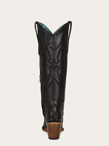 Women's Corral Black Genuine Leather Boots with Tall Top Matching Stitch Pattern & Inlay Pullstraps
