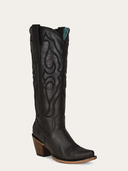 Women's Corral Black Genuine Leather Boots with Tall Top Matching Stitch Pattern & Inlay Pullstraps