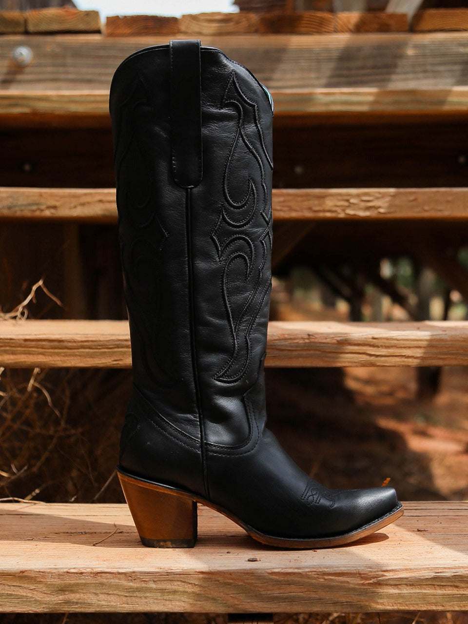 Women's Corral Black Genuine Leather Boots with Tall Top Matching Stitch Pattern & Inlay Pullstraps