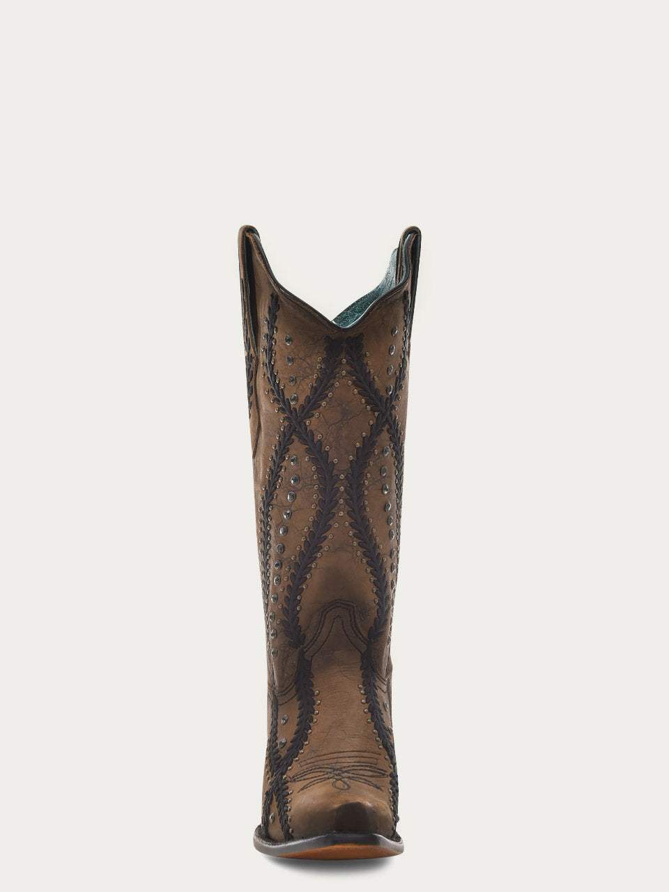 Women's Corral Brown Genuine Leather Boots with Black Embroidery & Crystals & Studs
