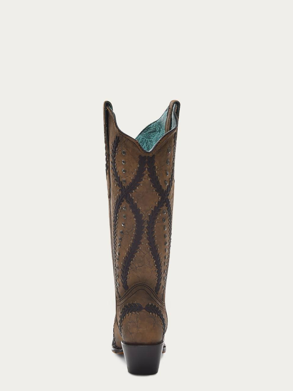 Women's Corral Brown Genuine Leather Boots with Black Embroidery & Crystals & Studs