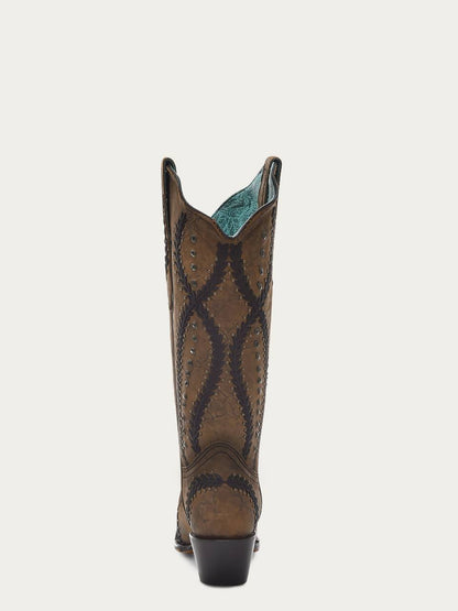 Women's Corral Brown Genuine Leather Boots with Black Embroidery & Crystals & Studs