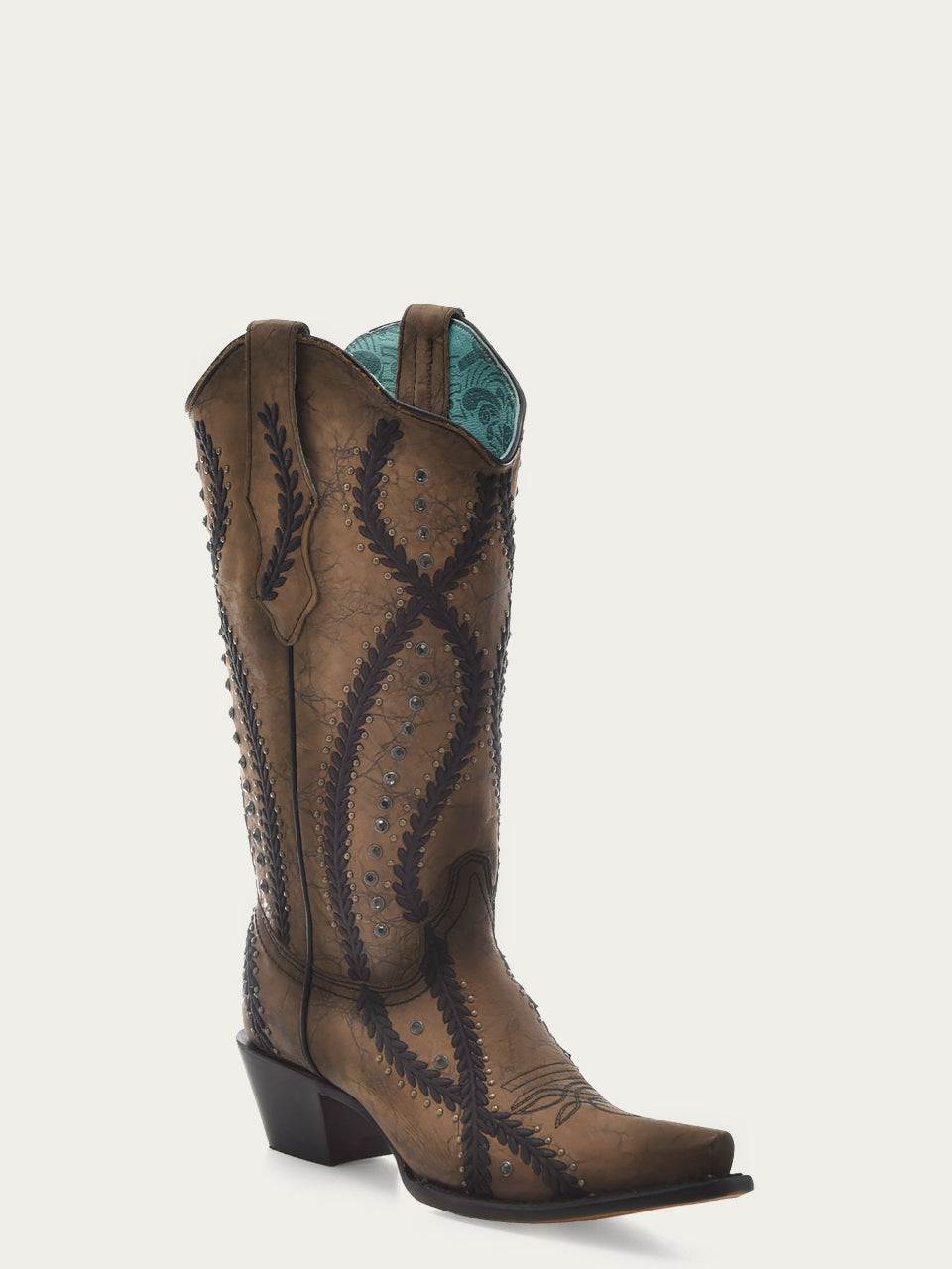 Women's Corral Brown Genuine Leather Boots with Black Embroidery & Crystals & Studs