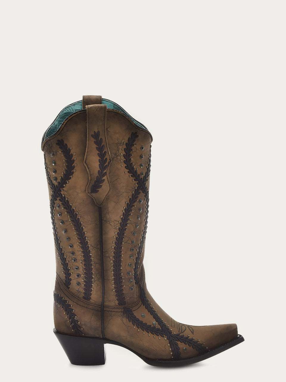 Women's Corral Brown Genuine Leather Boots with Black Embroidery & Crystals & Studs