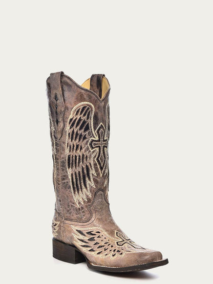 Women's Corral Brown Genuine Leather Boots with Black Wing & Cross Sequence