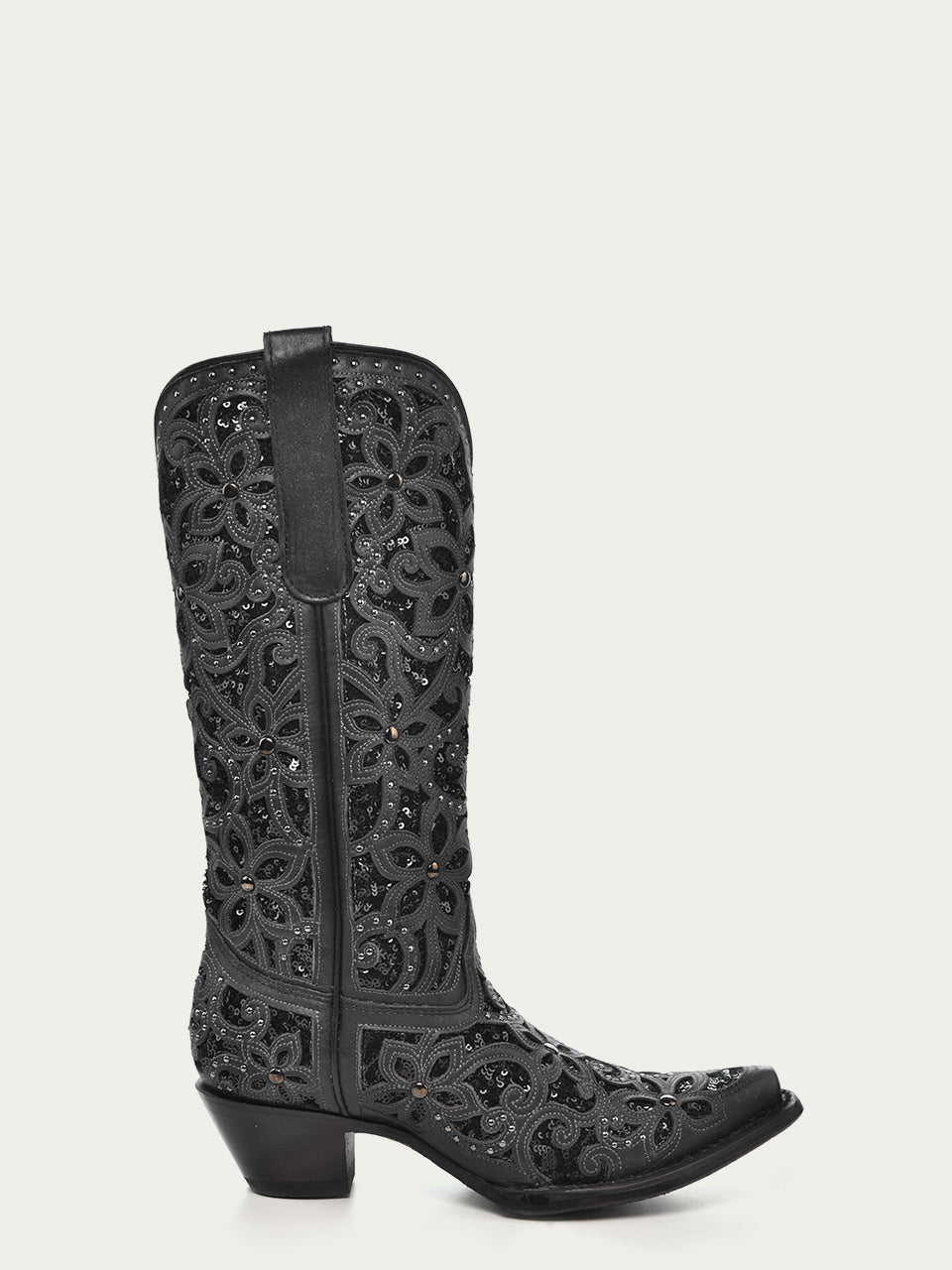 Women's Corral Black Genuine Leather Boots with Inlay & Embroidery & Studs