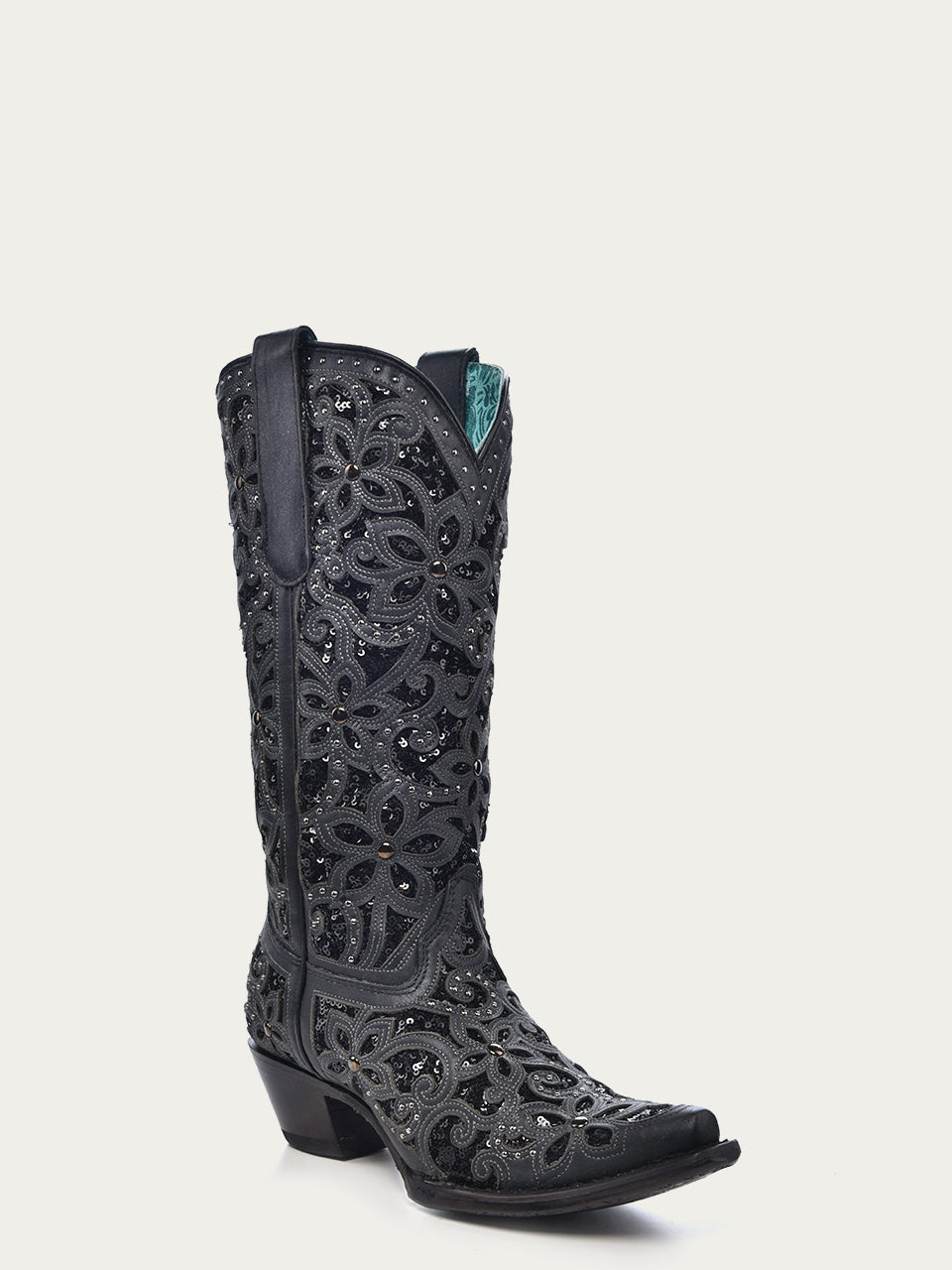 Women's Corral Black Genuine Leather Boots with Inlay & Embroidery & Studs