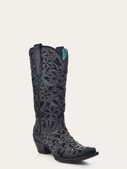 Women's Corral Black Genuine Leather Boots with Inlay & Embroidery & Studs