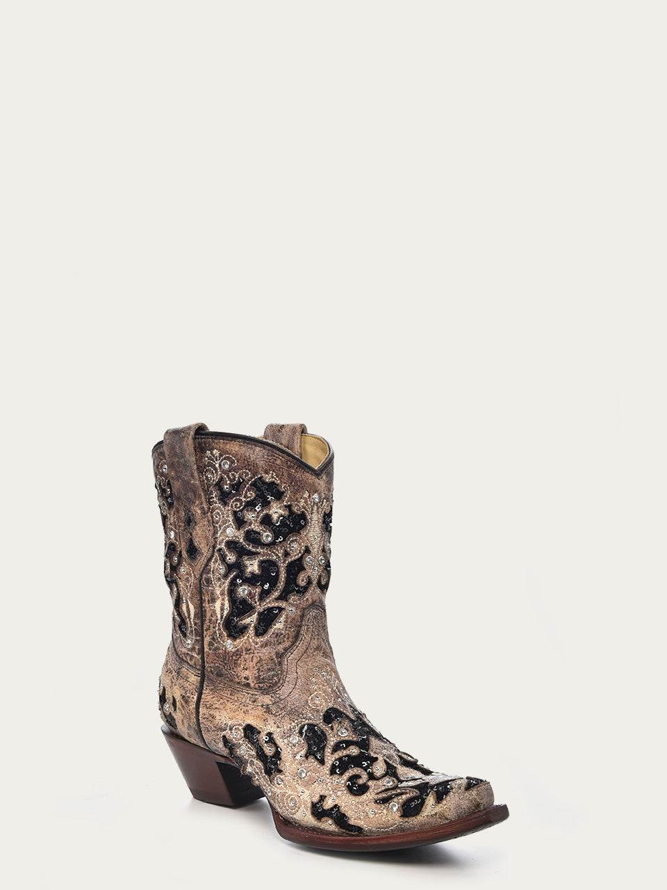 Women's Corral Brown Genuine Leather Boots with Inlay & Embroidery & Studs & Crystals